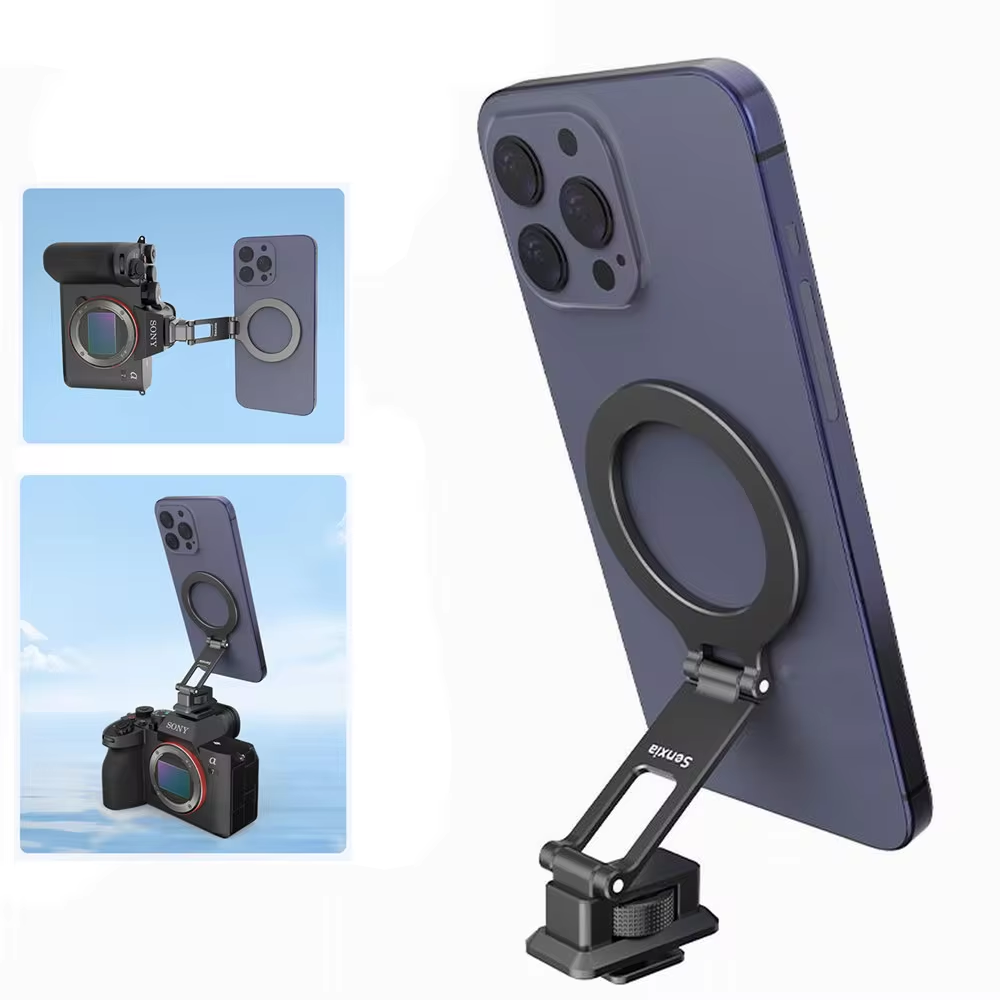 Document Holder Monitor - 2026 アルミニウム製カメラホットシュー磁気式スマホホルダー、MagSafe対応iPhone 17-12、Samsungモニターブラケット用Arcaコールドシュー付きスマホマウント